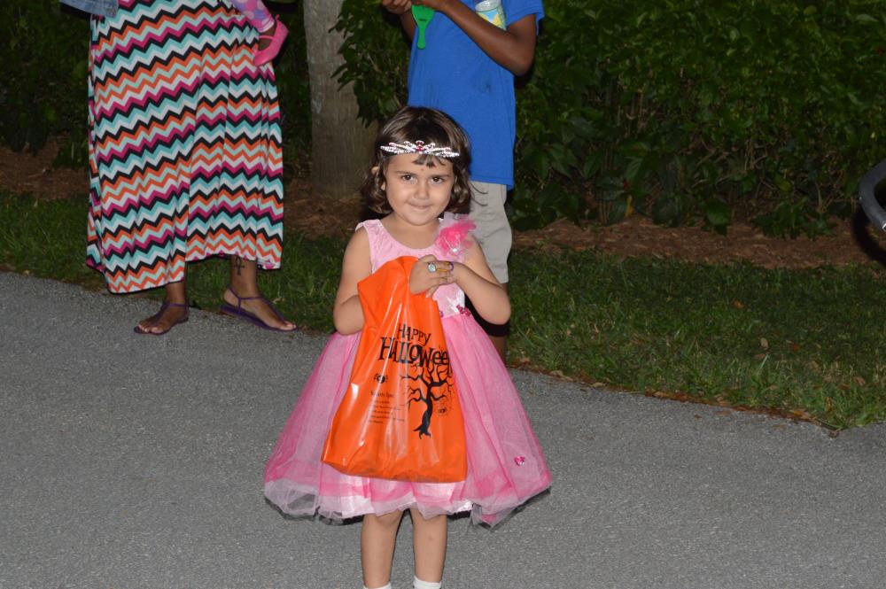 Young girl dressed in pink princess outfit, holding orange candy bag